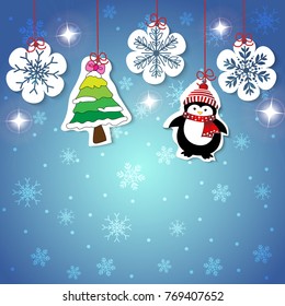 Vector and illustration of paperwork or sticker label style cartoon tag about Christmas and winter hanging on blue sky with sparkling star background