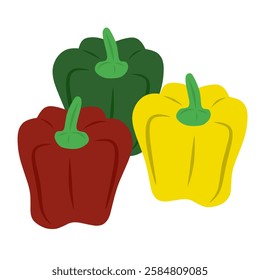 Vector illustration of Paprika in different colors, including red, yellow, green. Chili Bell Peppers or Capsicum.