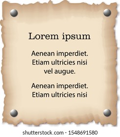 Vector illustration. Papyrus style banner. Old paper sticker. Text area.