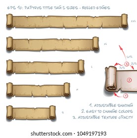 Vector Illustration of a Papyrus Tittle Scroll Tag with Rolled Edges. Set of five sizes Small Medium Large and two Extra Large. All elements neatly on well-defined Layers and Groups