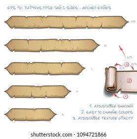 Vector Illustration of a Papyrus Tittle Scroll Tag with Arched Edges. Set of five sizes Small Medium Large and two Extra Large. All elements neatly on well-defined Layers and Groups