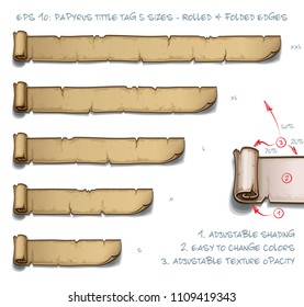 Vector Illustration of a Papyrus Tittle Scroll Tag with Rolled and Folded Edges. Set of five sizes Small Medium Large and two Extra Large. All elements neatly on well-defined Layers and Groups