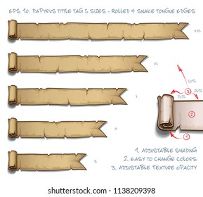 Vector Illustration of a Papyrus Tittle Scroll Tag with Rolled and Snake Tongue Edges. Set of five sizes Small Medium Large and two Extra Large. All elements neatly on well-defined Layers and Groups