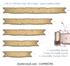 Vector Illustration of a Papyrus Tittle Scroll Tag with Snake Tongue Edges. Set of five sizes Small Medium Large and two Extra Large. All elements neatly on well-defined Layers and Groups