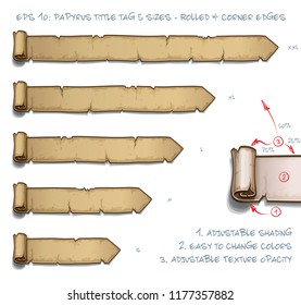 Vector Illustration of a Papyrus Tittle Scroll Tag with Rolled and Corner Edges. Set of five sizes Small Medium Large and two Extra Large. All elements neatly on well-defined Layers and Groups