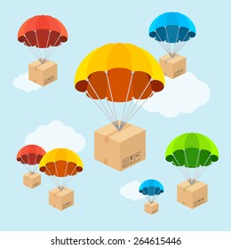 Vector illustration. Parachute fly with clouds. Delivery concept. Flat Design