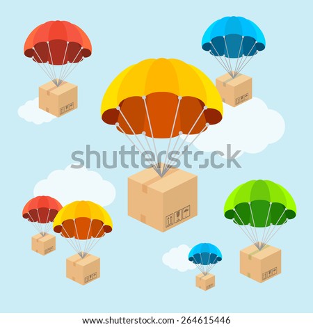 Vector illustration. Parachute fly with clouds. Delivery concept. Flat Design