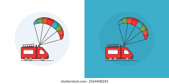 vector illustration of a parachute mounted on a car, symbolizing an increase in the distance between vehicles. Safety and security concept on the road.