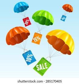 Vector illustration parachute with paper bag sale in the sky. The concept of seasonal sales. Flat Design