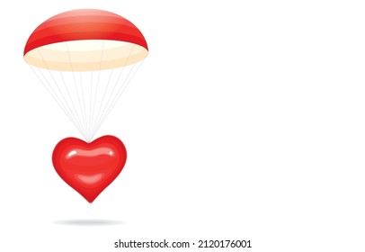 Ilustración vectorial de paracaídas con forma de corazón rojo, corazón flotante, transporte aéreo, envío de amor brillante, viaje corazón, aislado en fondo blanco, Salud de amor, feliz Día de San Valentín.