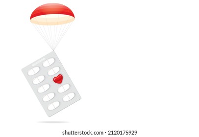 Vector illustration of parachutes deliver white pills in blister pack,one red heart shaped pill,air transport,heart disease medication,love potion,isolated on white,Love health,happy Valentines Day.