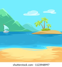 vector illustration of Paradise island bounty cartoon with trees and grass and a yacht with a white sail