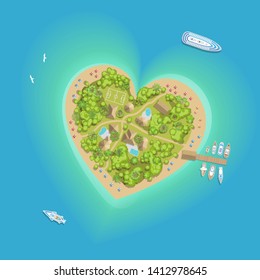 Vector illustration. Paradise Island in the form of a valentine heart. (top view) Summer time. A romantic vacation on the island in the sea. (View from above)