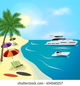 Vector illustration. Paradise Island in the Summertime. A romantic vacation on the island in the sea. boat on beach