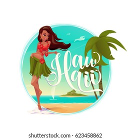 Vector illustration of paradise landscape with beautiful smiling long-haired girl wearing swimming suit, palm tree, summer beach, island, seagull, yacht, lettering text sign Hawaii into round shape