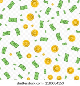 Vector illustration of Paraguayan guaraní currency. Random pattern of banknotes and coins in green and gold colors on transparent background (PNG). 