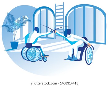 Vector Illustration Paralympic Competition Flat. Wheelchair Fencing. Disabled People in Special Clothes do Sports. Sport for People with Physical Disabilities Creates Conditions for Livelihoods.