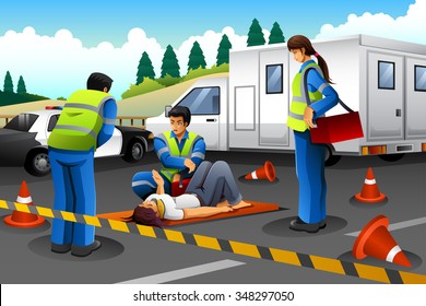 A vector illustration of paramedic giving help to an injured girl after accident