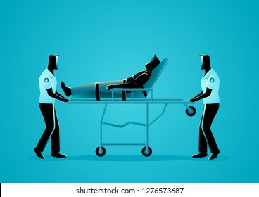 Vector illustration of paramedic team moving injured man on a stretcher