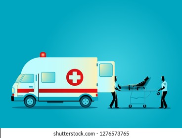 Vector illustration of paramedic team moving injured man on a stretcher into ambulance vehicle