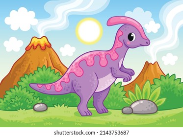Vector illustration with an parasaurolophus that stands on a green summer meadow against the backdrop of mountains and the sun. Cute dinosaur in cartoon style.