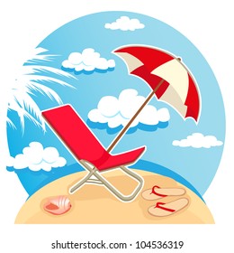 Vector illustration of parasol, flip flops and chair on the summer tropical beach.