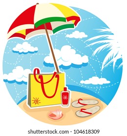 Vector illustration of parasol, flip flops and beach bag on the summer tropical beach.
