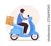 Vector illustration of a parcel delivery man on a scooter. Cartoon scene of a young guy in a protective helmet riding a scooter with a cardboard box isolated on a white background. Courier delivery.
