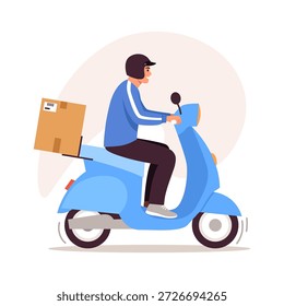 Vector illustration of a parcel delivery man on a scooter. Cartoon scene of a young guy in a protective helmet riding a scooter with a cardboard box isolated on a white background. Courier delivery.
