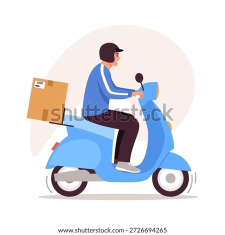 Vector illustration of a parcel delivery man on a scooter. Cartoon scene of a young guy in a protective helmet riding a scooter with a cardboard box isolated on a white background. Courier delivery.

