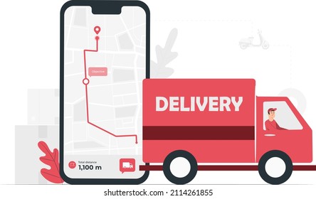 Vektorgrafik von Paketzustelldienst und Post- und Tracking-Service, Smartphone mit rotem Lieferwagen, Paketwegkarte auf dem Bildschirm