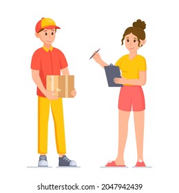 Vector illustration of parcel receipt. The customer picks up his order from the courier.