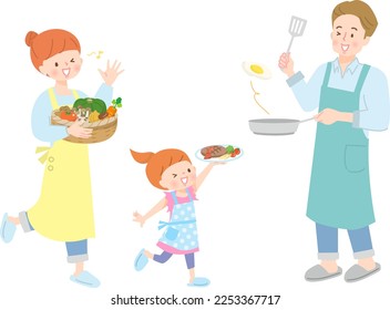 Vektorgrafik der Eltern- und Kinderkochen mit viel Gemüse