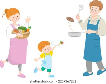 Vector illustration of parent and child cooking with lots of vegetables