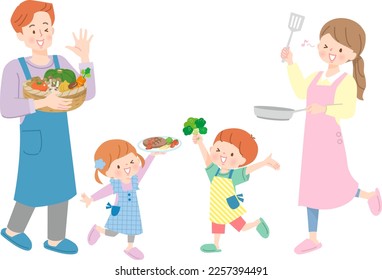 Ilustración vectorial de la cocina de padres e hijos con muchas verduras