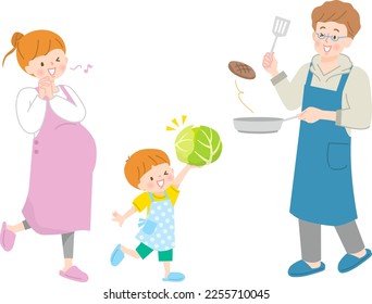 Vector illustration of parent and child making hamburger steak