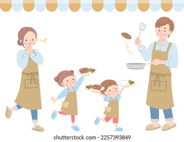 Vector illustration of parent and child making hamburger steak