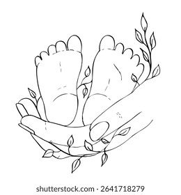 Ilustração vetorial. Pai segurando nas mãos os pés do bebê recém-nascido. Mão pintado contorno linear delicado galho com folhas. Clipart gráfico isolado. Botânico, desenho de tatuagem. Para designers, berçário
