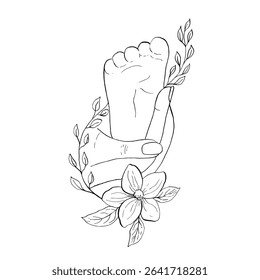 Ilustração vetorial. Pai segurando nas mãos os pés do bebê recém-nascido. Mão pintado contorno linear delicado galho com folhas, flor. Clipart gráfico isolado. Botânico, desenho de tatuagem. Para designers