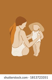 Vektorgrafik der Eltern mit einem Kind auf erdnacktem, isoliertem Hintergrund. Schöner, familiärer Wanddruck.