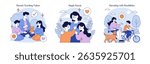 Vector illustration of parents and children engaging in diverse family scenarios, including teaching, single parenting, and parenting with disabilities, highlighting love and togetherness.
