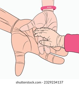 Vector illustration of a parent's hand and their child's hand. Father and son hand line-art vector