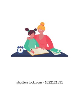 Vector illustration of parents helping their children with their homework. Home schooling during quarantine. Vector illustration for use template of the landing page, banner, poster