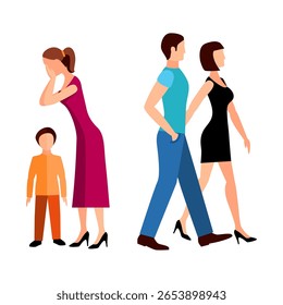 Ilustração vetorial de pais ignorando uns aos outros enquanto a criança está entre eles confusa.