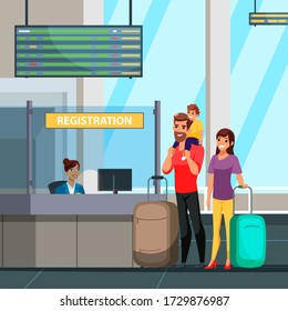 Vector illustration parents and kid standing at airport check in counter. Father, son, mother with luggage pass passport control.  Family travel, spend time together, traveler, vacation concept