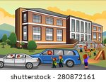 A vector illustration of  parents picking up kids from school