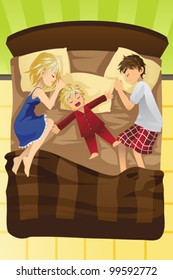 A vector illustration of parents sleeping with their young child in the same bed