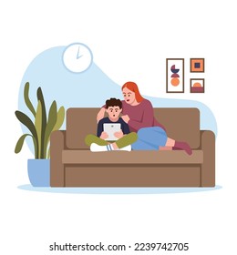 Vector illustration of parents support. Cartoon scene with son and mother who are sitting on the couch and choosing something on the tablet on white background.