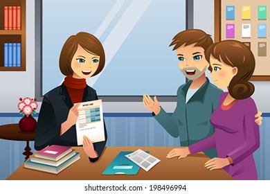 A Vector Illustration Of Parents And Teacher Meeting Discussing The Student Class Performance