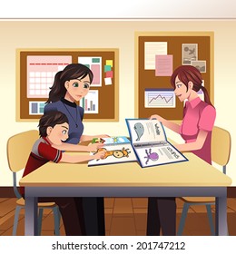 A Vector Illustration Of Parents And Teacher Meeting Discussing In The Classroom